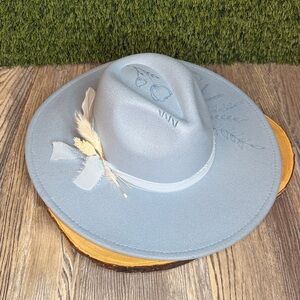 Custom Burned Baby Blue & White Wide Brim Hat with Feathers & Tulips Adjustable